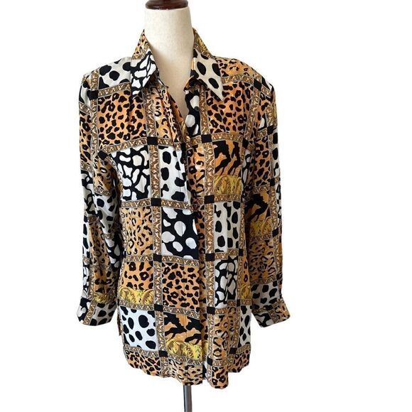 Vintage Animal Print Pattern Block Long Sleeve Silk Blouse - Picture 1 of 7